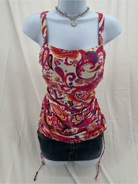 Tankini Y2K Paisley Ruched Swim Top in Orange Pink and White